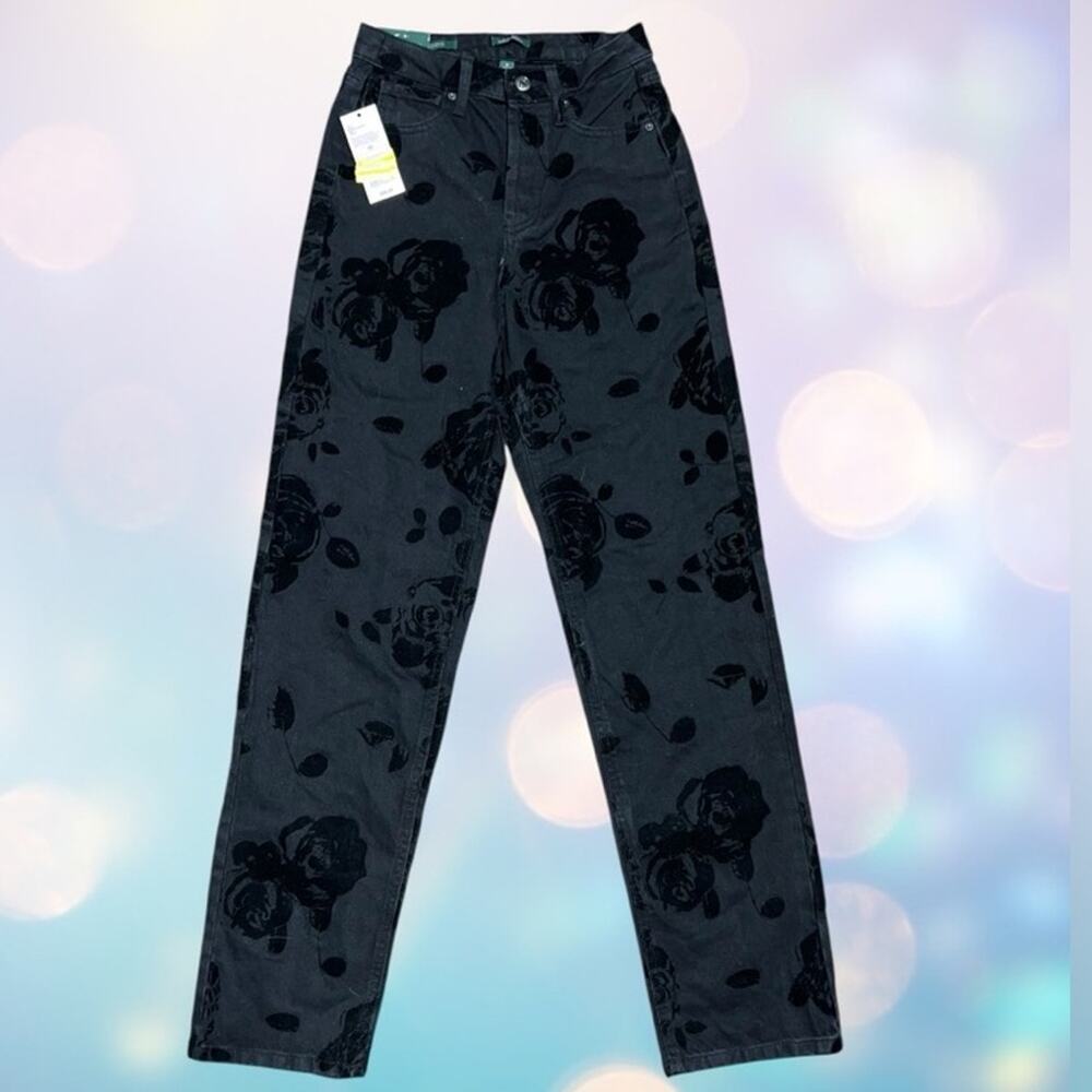 Wild Fable Black Floral Jeans High Rise Straight Leg Size 00 32” Inseam NWT - Picture 2 of 8